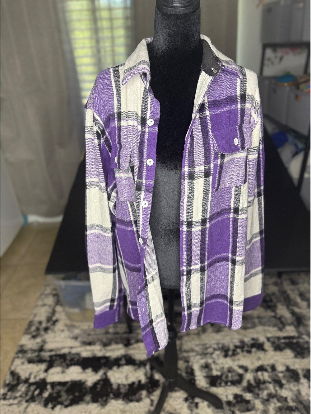 Coofandy Purple and White Plaid Button-Up Shirt Jacket